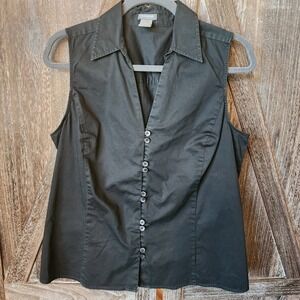Ann Taylor Shirt Womens Size 14 Black Sleeveless Button Up Collared Vest Stretch